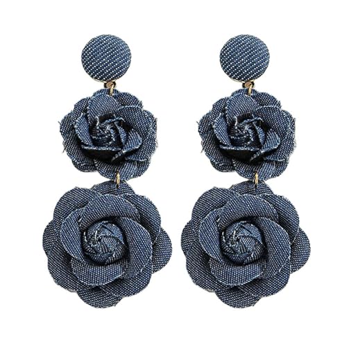 coadipress Boho Denim Camellia Flower Dangle Earrings for Women Exaggerated Big Layered Tiered Blossom Floral Drop Long Earring Chic Statement Earrings Wedding Bridal Jewelry Gifts - style: 2 Flower Dark Blue
