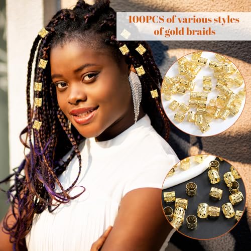100 Pcs Hair Gold Cuffs Gold Dreadlocks Beads Adjustable Hair Braid Rings Clips Dread Locks Hairs Braiding Metal Jewelry for Braids Women Hairs Clips Decoration Accessories Festival Gifts