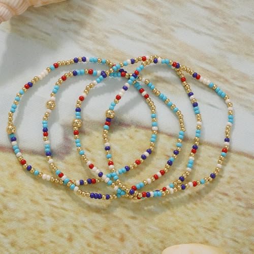 Boho 4Pcs Stack Colorful Small Seed Beaded Bracelets Set for Women, Cute Handmade Dainty Trendy Gold Plated Stretch Accessories Thin Glass Jewelry, Summer Daily Party Friendship Gift - color: Aqua Blue