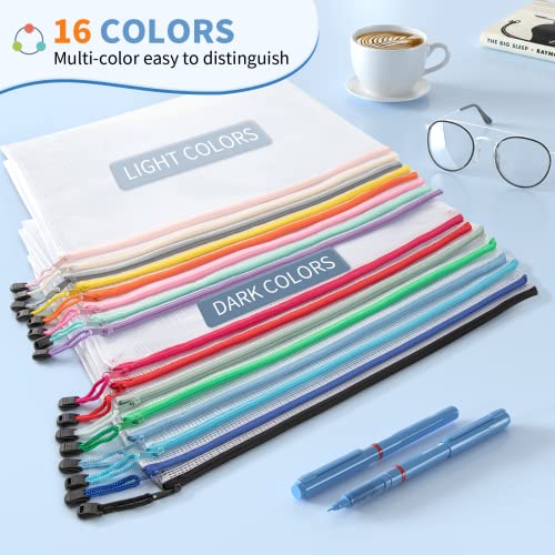 Umriox 16PCS Zipper Pouch, Mesh Bags with Zipper, 16 Color A4/Letter Size Pouches for Organization, Clear Zipper Pouches for Puzzles, Board Games, Craft Projects - style: A4-16P