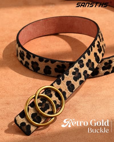 SANSTHS Womens Leather Belt for Jeans Pants Fashion Waist Belts Gold Silver Double Ring Buckle - color: A-leopard Belt-removable Buckle, size: Fits Waist 25-29 inch