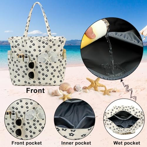 Bluboon Waterproof Beach Tote Pool Bags for Women Ladies Extra Large Carry On Bag With Wet Compartment for Weekender Travel - color: Black Little Flower 95