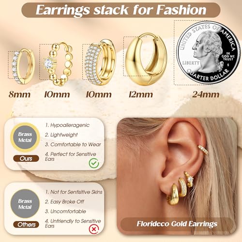Florideco 4Pairs Small Hoop Earrings for Women Trendy 14K Gold Plated Stackable Chunky Earrings Hypoallergenic Huggie Earring Stacks Lightweight Earring Sets for Multiple Piercing - color: Gold-Chunky