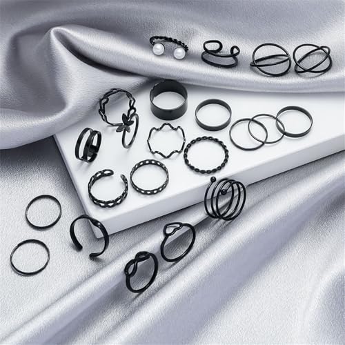 Lnnmomn 22 Pcs Gold/Silver Rings Set for Women, Sparkling Dainty Simple Trendy Ring Pack, Butterfly Diamond Opening Multi Joint Ring Set Love Pearl Ring Jewelry Gifts for Womens, Gifts for Her - color: Black