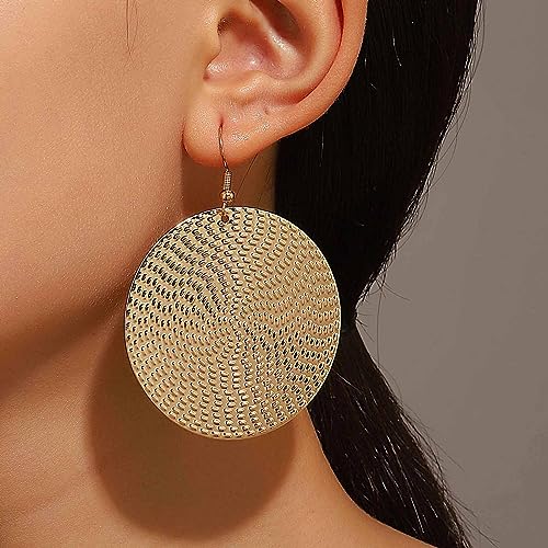 Boho Texture Disc Earrings - Gold Coin Vintage Drop Earrings, Hammered Round Circle Dangle Jewelry for Women - color: Gold