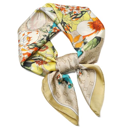 Stlvoll 27.5" Silk Neck Scarf of Women's Fashion Head Scarf Square Neck Satin Scarfs for Bag Hair Scarves Gift - color: Flower/Khaki/Yellow