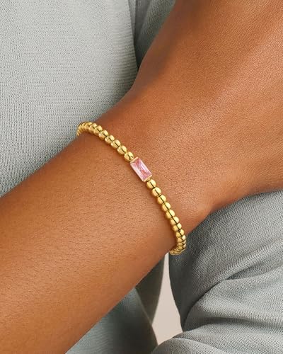 FUNEIA Birthstone Gold Beaded Bracelets for Women Non Tarnish Trendy Dainty 14K Gold Plated Cute Stackable Bead Stretch Friendship Bracelet Stack for Best Friend Couples Birthday Gifts Jewelry - color: 10. October(Tourmaline Bracelet), size: 6.5 Inches