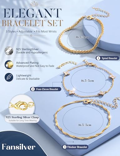 Fansilver 3 Pcs Silver/Gold Bracelets for Women Trendy 925 Sterling Silver Stackable Bracelet Set Adjustable Bracelet Link Chain Cubic Zirconia Bracelets Waterproof Jewelry Set - color: Gold tone