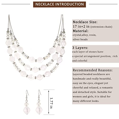 3 Layered Chunky Statement Necklace for Women Beaded Strand Necklaces with Earring Fashion Costumes Collar Necklace Jewelry Sets Gifts for Women - color: White