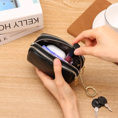 SENDEFN Small Coin Purse Leather 3 Zippered Change Pouch Wallet with Key Ring for Women - color: 1-Black