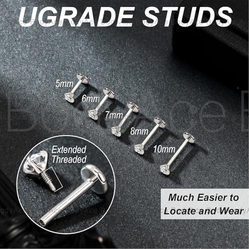 20G Internal Thread Cartilage Earrings Studs Surgical Steel Nose Rings Flat Back Stud Piercing Jewelry for Tragus/Helix/Conch/Medusa/Lip/Labret - color: BL:5mm;CZ:2mm