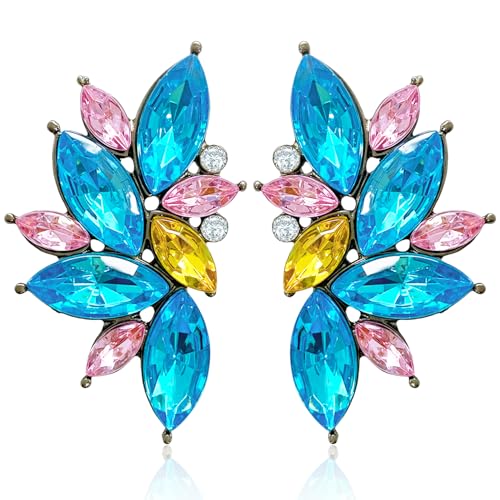 Bohemian Statement Sparkly Colourful Fancy Rhinestone Crystal Flower Dangle Drop Stud Earrings Vintage Wedding Bridal Prom Earrings for Women - color: Blue Pink