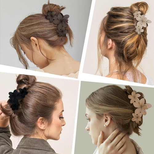 ANBALA 4PCS Hawaiian Plumeria Flower Hair Clips - Large Non-Slip Matte Claw Clips for Women, Strong Hold Beach Hair Accessories - color: brown, black, white，apricot