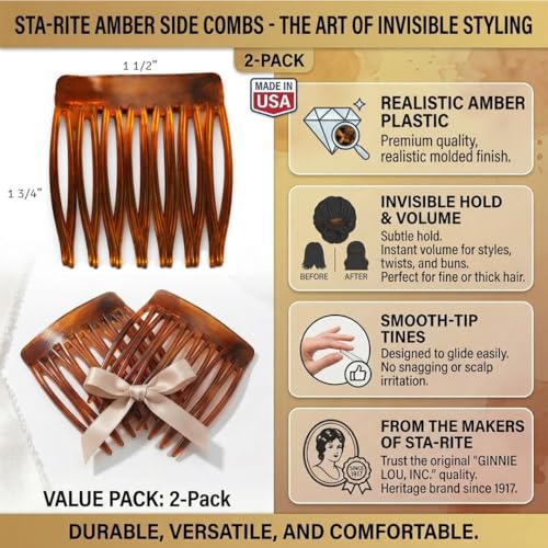 Sta-Rite Side Hair Combs for Women, 2-Count – Professional Side Combs for Fine or Thick Hair – Secure Invisible Hold Styling Accessories for Updos, Twists, and Buns – Made in USA (Tortoise) - color: Tortoise