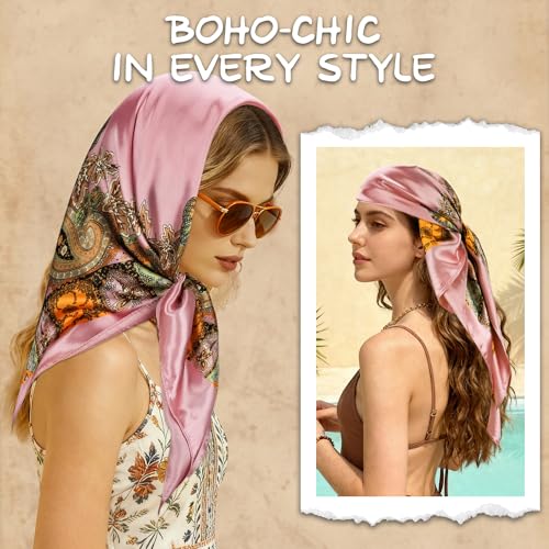 Large Square Head Scarf Bandana - 35" Satin Hair Scarf for Women Like Silk Scarf Fashion Hair Wrapping - color: Paisley(pink), size: 35IN*35IN