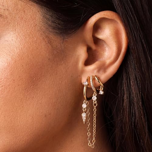 Triple Huggie Stacked Earrings for Women Gold Chain Drop Dangle Earrings Cute Statement CZ Earrings Trendy Dainty Jewelry Gift - color: Gold 3