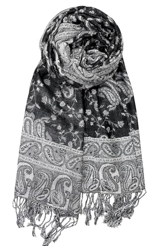 Achillea Reversible Paisley Pashmina Rave Scarf – Exotic Indian Shawls and Wraps for Evening Dresses, Festivals, All Seasons - color: Black White