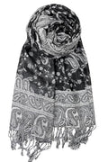 Achillea Reversible Paisley Pashmina Rave Scarf – Exotic Indian Shawls and Wraps for Evening Dresses, Festivals, All Seasons - color: Black White