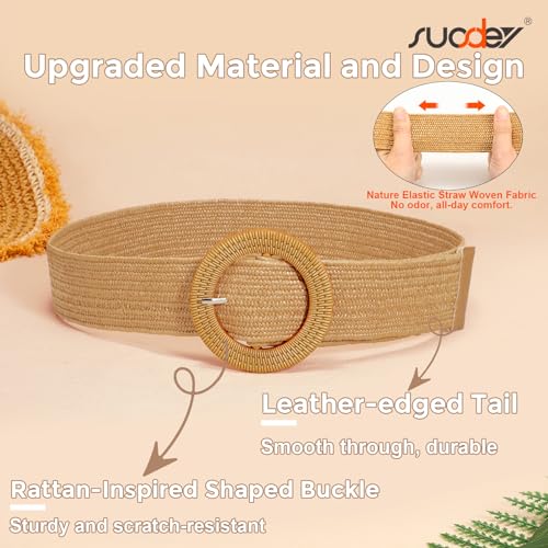 SUOSDEY Straw Woven stretchy Waist Belt for Women Dresses,Wide Boho Braided Elastic Belt with Round Buckle - color: 01-camel, size: Fits waist from 38"-42"