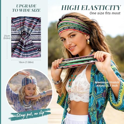 Awumbuk Wide Headbands for Women, 7.08 Inch Thick Boho Turban Style Hair Wraps, Non-Slip Moisture-Wicking Workout Headband for Sports, Yoga, Daily Fashion, 8 Pack Multi Colors (Orange) - color: Orange