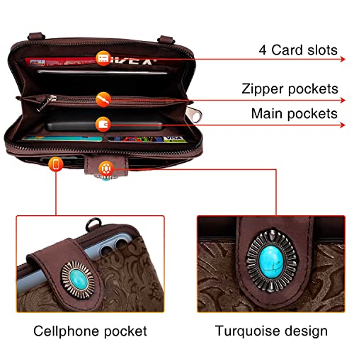 LAVAWA Women's Crossbody Handbag Small Vintage, Ladies Wallet Western Adjustable Phone Purse Clutch Turquoise Concho Embossed - color: Coffee
