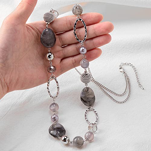 BULINLIN Beaded Long Necklace for Women Silver Sweater Chain Necklace with Crystal Resin Beads, Fashion Jewelry Necklace - color: Grey