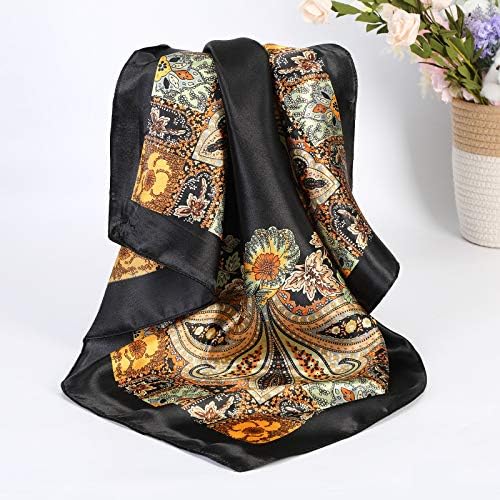 Women Head-Scarf Silk-Feeling-Scarf Hair Scarf Boho-Print Bandanas 35 Inches Square - color: Black