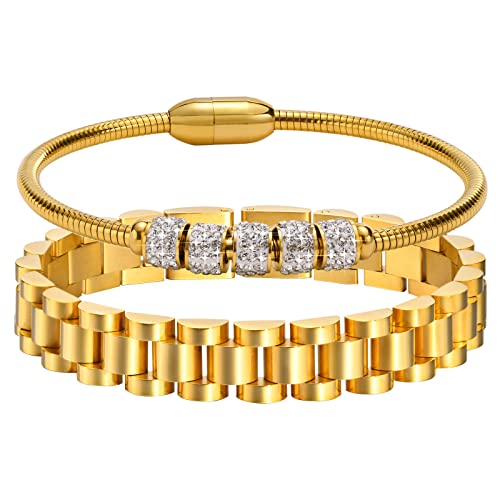MPRAINBOW 2pcs 18K Gold Plated Chain Link Bracelet, Stainless Steel Crystal Friendship Bracelets Bangle,Watch Band Chains Wristband Jewelry with Adjust Tool - color: Gold-set D