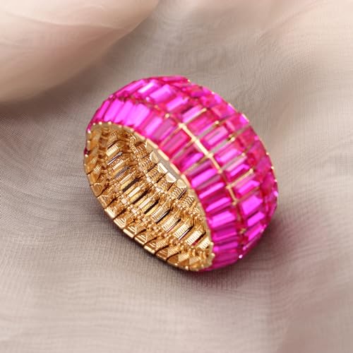 Women’s Wedding Bridal Crystal Leaf Flower Stretch Bangle Elastic Wide Bracelet Jewelry for Brides Bridesmaid - color: Style1-Rose Red-Gold Plated