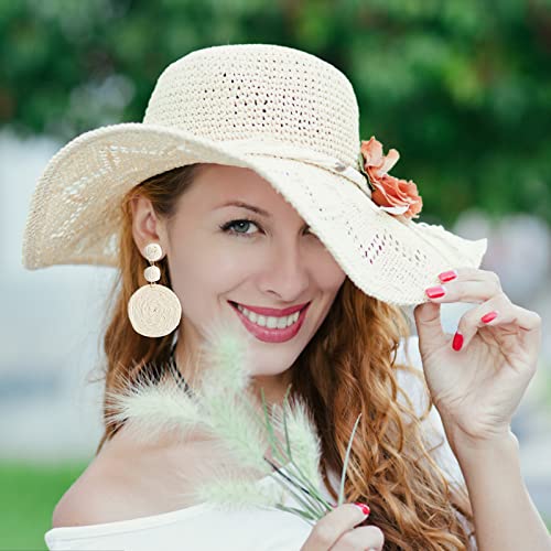 Boho Raffia Ball Earrings for Women, Handmade Statement Drop Earrings Straw Dangle Earrings Beach Vacation Jewelry - color: Beige