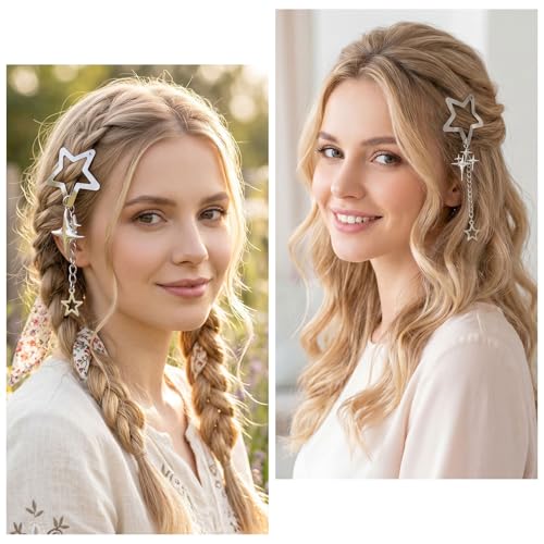 Pndeyo 2pcs Star Tassels Hair Clips for Women, Non-Slip 2000s Y2k Snap Barrettes, Cute Star Beaded Pendant Pin Accessories for Braid Long Short Thin Thick Hair- Silver - color: Silver-A2 Style