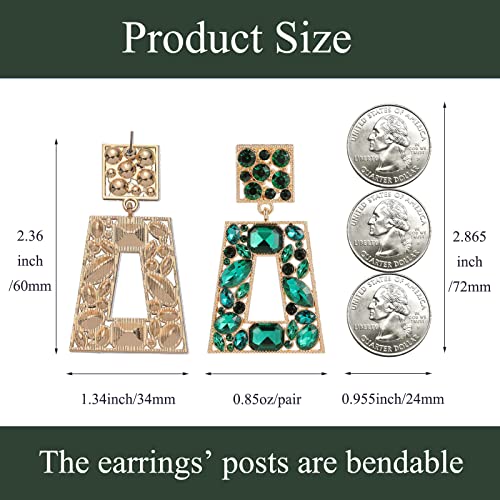 Rhinestone Rectangle Statement Earrings Colorful Crystal Geometric Drop Dangle Earrings for Women Prom Party - color: Green