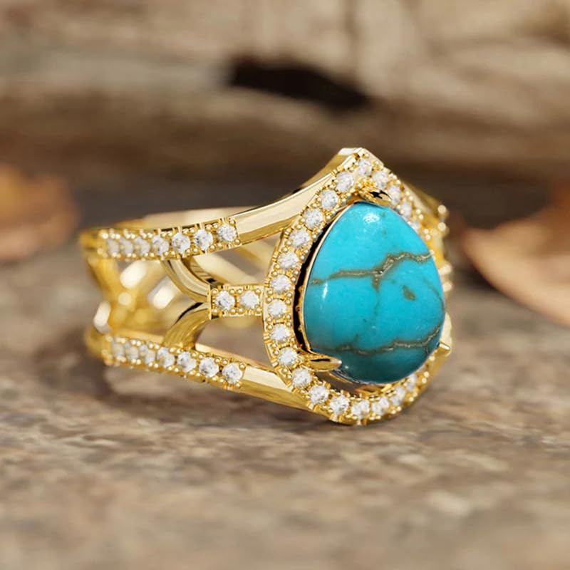 Hsitgexf Water Drop Pear Shaped 14k Gold Plated Blue Turquoise CZ Ring,Retro Boho Chic Jewelry Statement Birthstone Ring Anniversary Wedding Rings for Women Size 6-10（6） - size: US Size 6