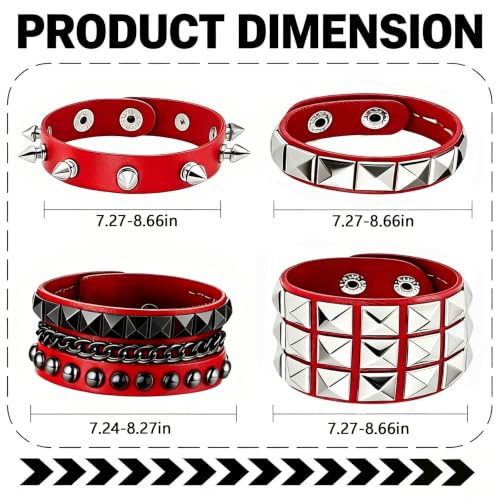 Handmade Black Leather Wrap Studded Bracelets for Women Men, 4Pcs Vintage Punk Wrist Cuff Bangle Wristband Emo Jewelry Gifts - style: Red Square Stud Style
