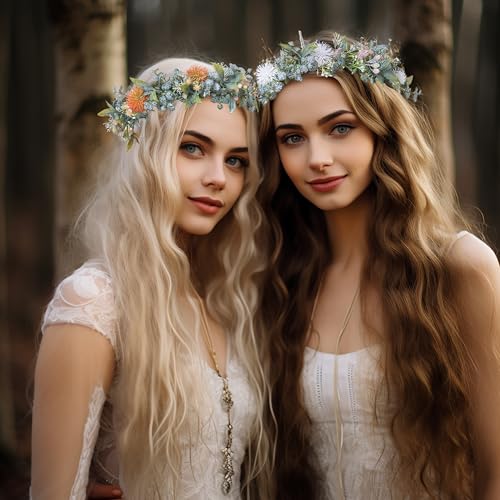 Vivivalue Boho Flower Headband Women Flower Crown Hair Wreath Floral Headpiece Halo with Ribbon Wedding Party White - color: 33