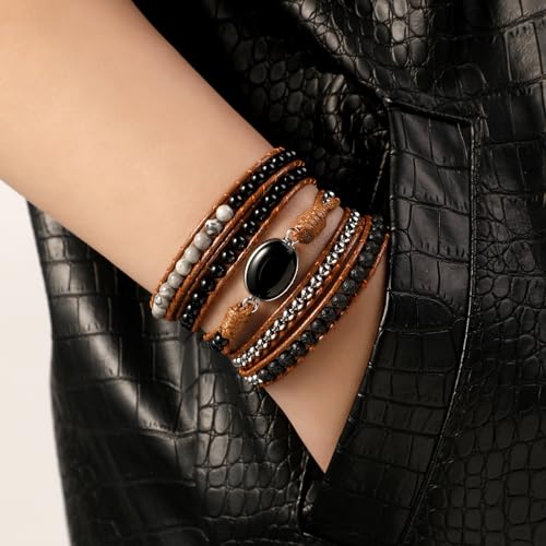 Artilady Leather Wrap Bracelets for Women - Pearl Bracelets Handmade Clasp Bangle Bracelet with Beads Jewelry Gift for Women and Mother - style: Black stone