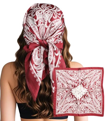 Sumolux Head Hair Scarf for Women Like Satin Silk Scarf Bandana Hair Wrapping Night Large Square Scarves 27.5" - color: Wine Red Cashew Nuts