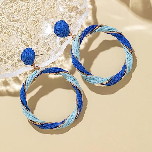 Boho Raffia Hoop Dangle Earrings Twisted - Statement Rattan Round Geometric Earrings For Summer Beach Vacation - color: BLUE
