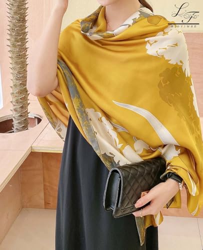 Hioyiwse Head Scarf For Women Hair Bandana 35" Large Square Satin Wrap Sleeping Neck Silk Satin Hair Scarves Lightweight - color: F34-orange With White Flowers（35*35inch）