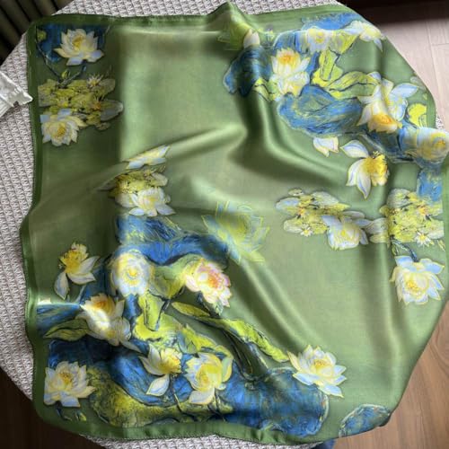 FONYVE 100% Mulberry Silk Scarfs for Women-Lightweight Square Satin Head Scarf-Small Silk Hair Scarf for Sleeping 21"x21" - color: 14 Green Flowers