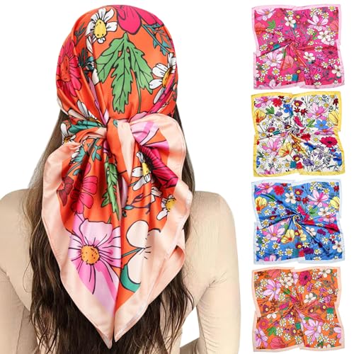 Molans 35" Silk Satin Square Head scarves - 4Pcs Large Scarfs Hair Bandana Head Kerchief Neck Scarf Sleeping Wraps for Women - color: Blue/Yellow/Red/Orange