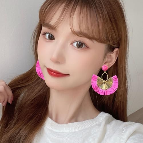 Anmpab Straw Fan Bohemian Tassel Earrings for Women Trendy Colorful Fringe Summer Beach Statement Earrings - color: Hot Pink