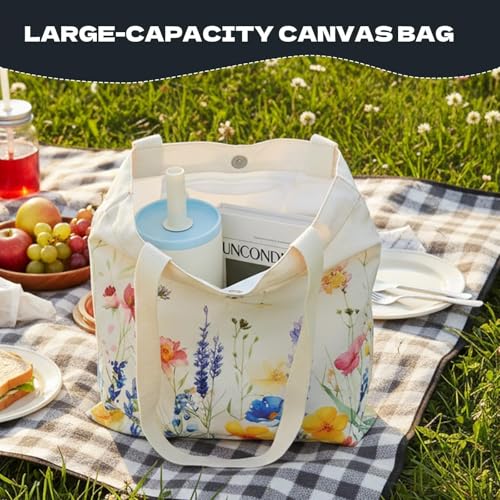 1 Pack Reusable Canvas Cute Shoulder Bag,Made of 10 oz Canvas Tote Bag for Women,for Grocery, Shopping, Beach and Daily Use(Flower) - color: A2-flower 1 Pack