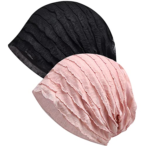 XYIYI Womens Chemo Headwear Hats Cotton Slouchy Beanie Cap Scarf - color: 2pcs Blinds Black Pink-bb