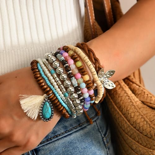 Long tiantian Western Turquoise Beaded Bracelet Set for Women Stackable Cowgirl Bracelets Boho Concho Jewelry Country Concert Rodeo Outfit Accessories Gifts - color: F1:western wooden dress