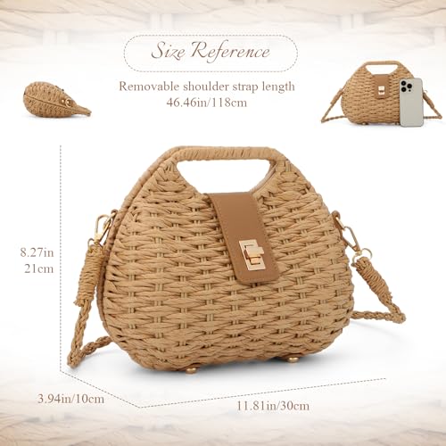 Fecialy Straw Crossbody Bag for Women Handwoven Summer Beach Clutch Purses Boho Top Handle Shoulder Bags - color: Khaki