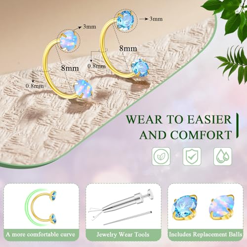 Opal Nose Ring Studs Horseshoe Nose Rings Hoops Stud 316L Stainless Steel Nose Rings Round CZ Square Screw L Shaped Nose Stud Hypoallergenic Nostril Piercing Jewelry for Women Men - color: Gold/3.0mm Blue gem/20gauge