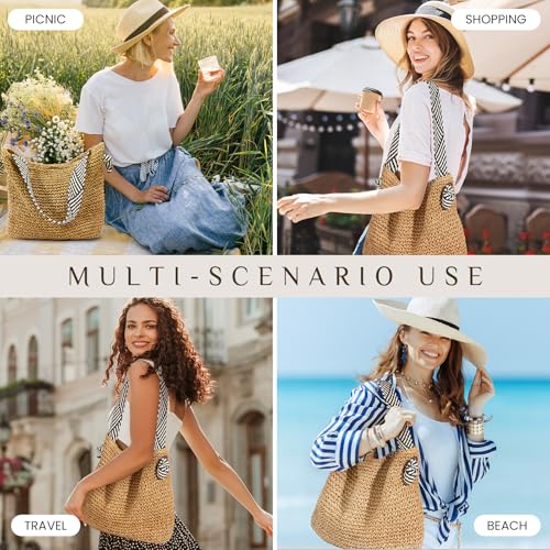 fauson Beach Bags for Women - Handmade Straw Clutch Purses for Women Handbag Zip Closure Tote Bag Lightweight - color: Light Khaki