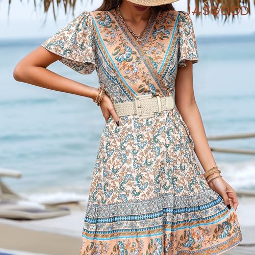 JASGOOD Women Wide Woven Belt for Dresses Rattan Waist Belt Braided Boho Belt with Square Buckle - color: Beige, size: Fit Waist Size 38-42inch