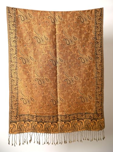 Achillea Reversible Paisley Pashmina Rave Scarf – Exotic Indian Shawls and Wraps for Evening Dresses, Festivals, All Seasons - color: Bronze